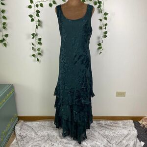 Vintage Silk maxi dress R&M Richards green ruffle layered fairy witchy floral